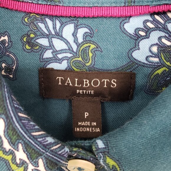Talbots Floral Paisley Button Down Shirt XSP Womens Long Sleeves Teal Green Blue - Picture 3 of 9